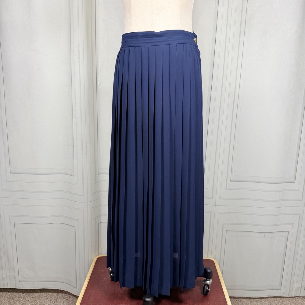 Vintage Chaus Navy Blue Accordion Pleat Maxi Skirt Size 8 Sheer Gold Button 14"W